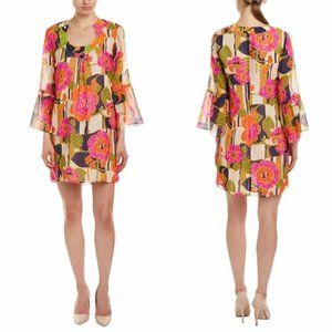 TRINA TURK Bonita Silk Shift Dress Bell Sleeve Retro Style Sz 14 Multi Floral